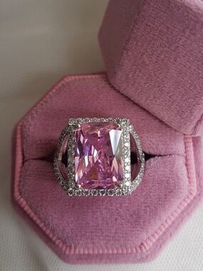 Swarovski Elements 925 Sterling Silver Pink Sapphire Halo Statement Ring NEW